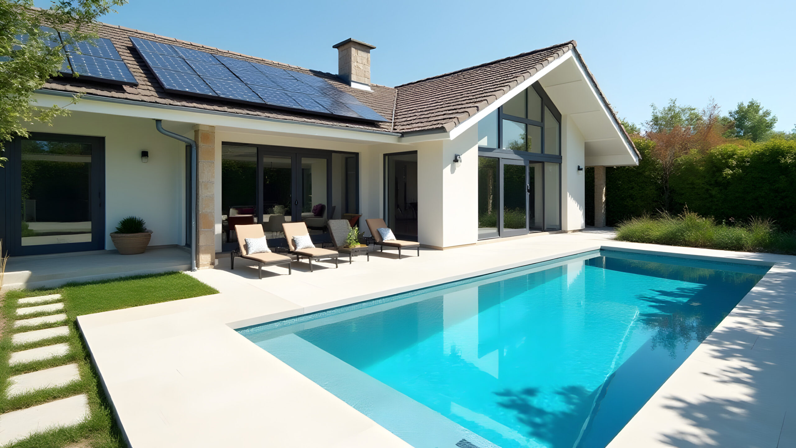 A house facade with solar panels powering a heated pool. The modern design and energy-efficient pool heating highlight the integration of solar energy with luxury amenities.