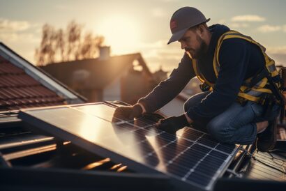 Engineers connecting cables while installing photovoltaic solar panels on roof of house.