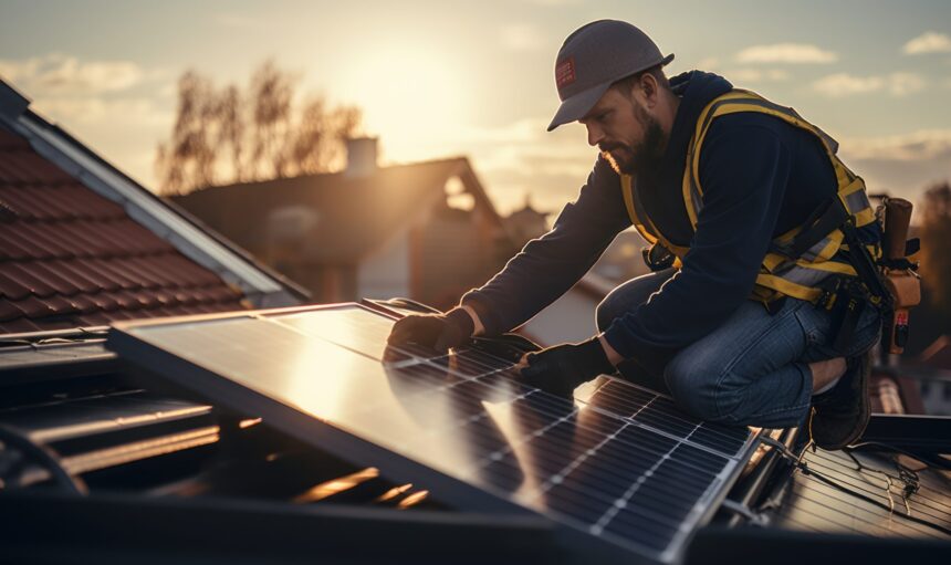 Engineers connecting cables while installing photovoltaic solar panels on roof of house.